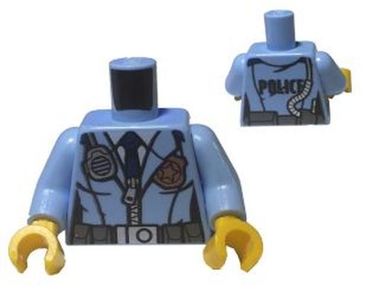 Деталь Lego 973pb2161c01 Torso Police Female Jacket with Zipper, Dark Blue Tie, Gold Badge, Radio and 'POLICE' Pattern on Reverse / Bright Light Blue Arms / Yellow Hands