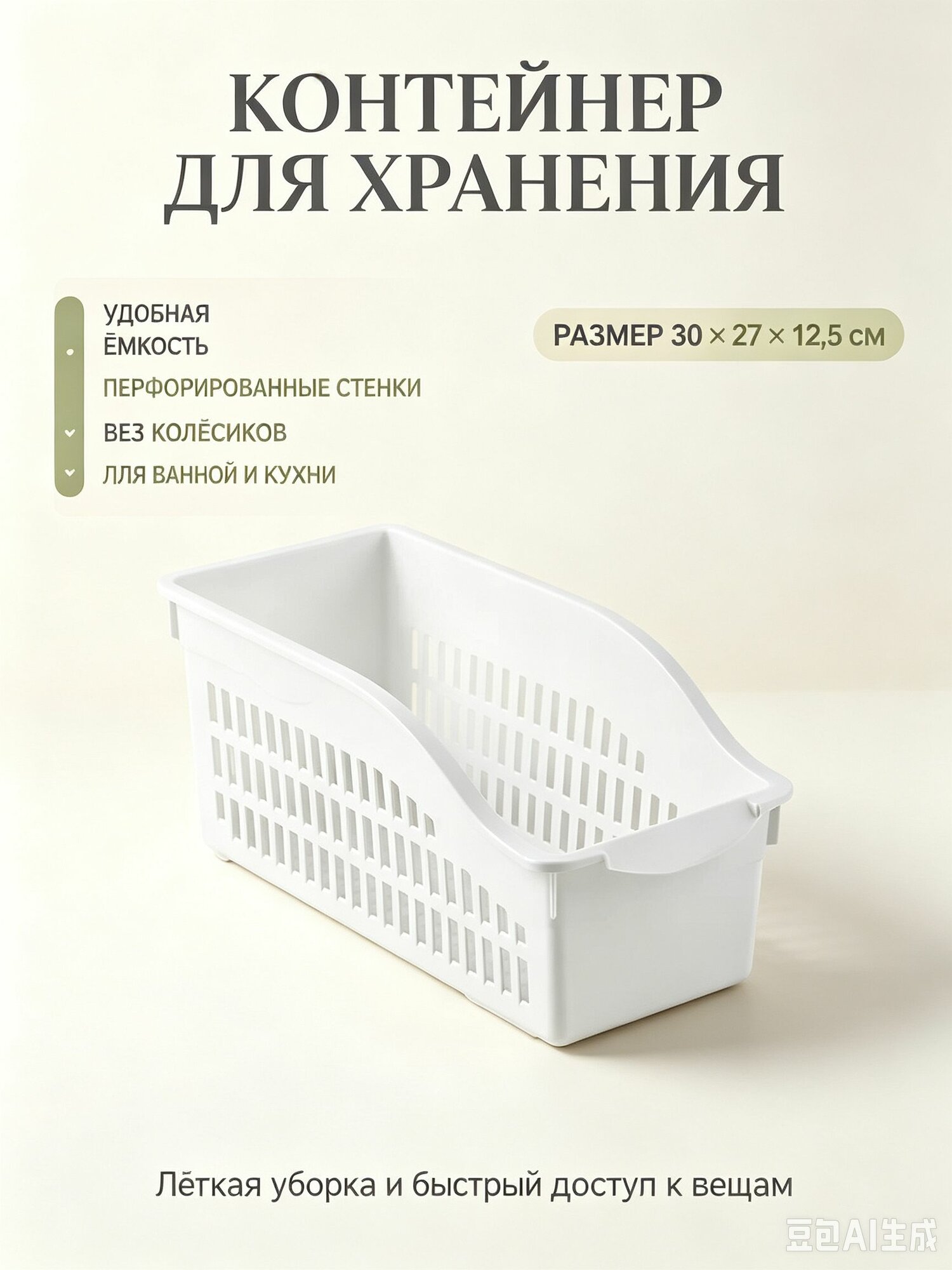Контейнер для хранения вещей длина 30 см, ширина 27 см, высота 12.5 см 1 шт, пластик, белый