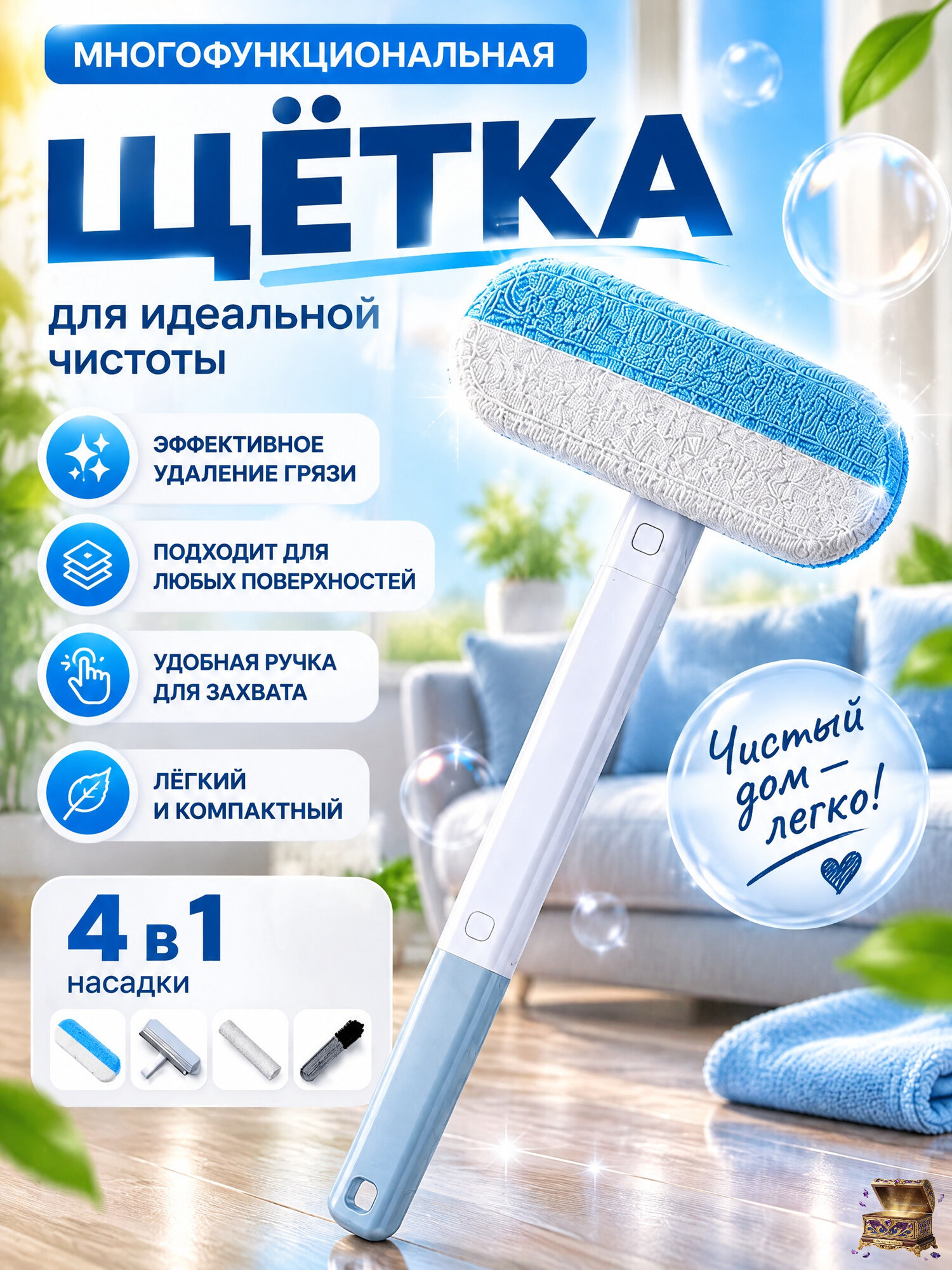 Универсальная щетка 4 в 1 для чистки ковров, мебели, авто и одежды