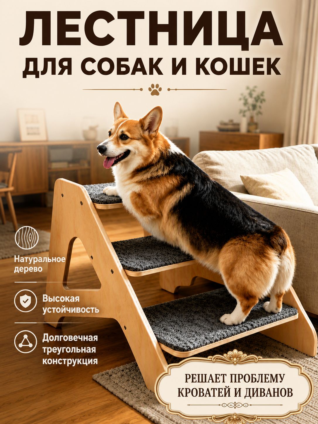 Ступеньки для собак и кошек, деревянная лестница для кровати и дивана, 3 ступени, противоскользящие накладки