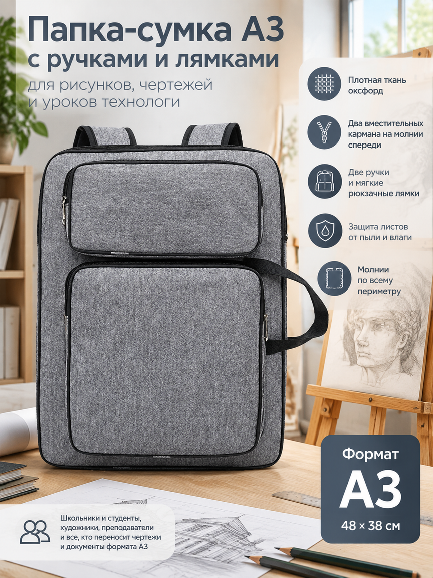 Папка-сумка А3 с ручками и лямками, серая, для рисунков, чертежей и уроков технологии