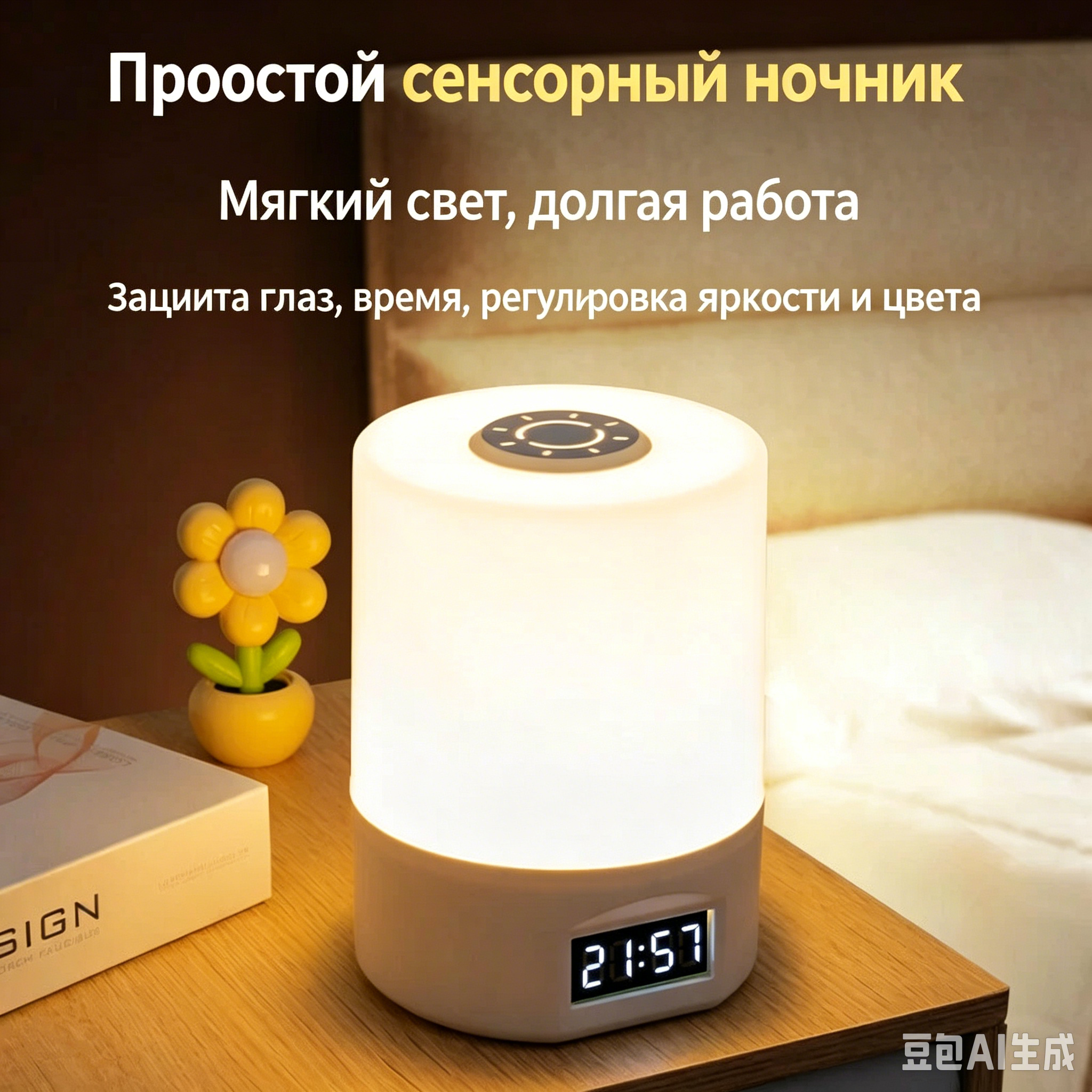 Сенсорный прикроватный светильник, ночник с дисплеем времени, регулировка яркости и цвета