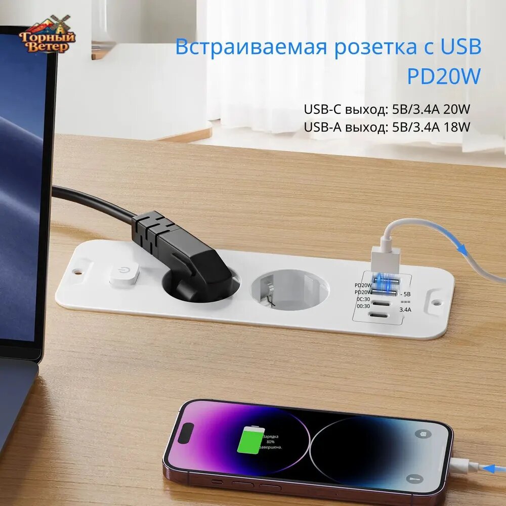 Banke Евророзетка встраиваемая с USB и выключателем, одновременная зарядка 4 устройств, провод 1.5 кв. мм порядок на столе