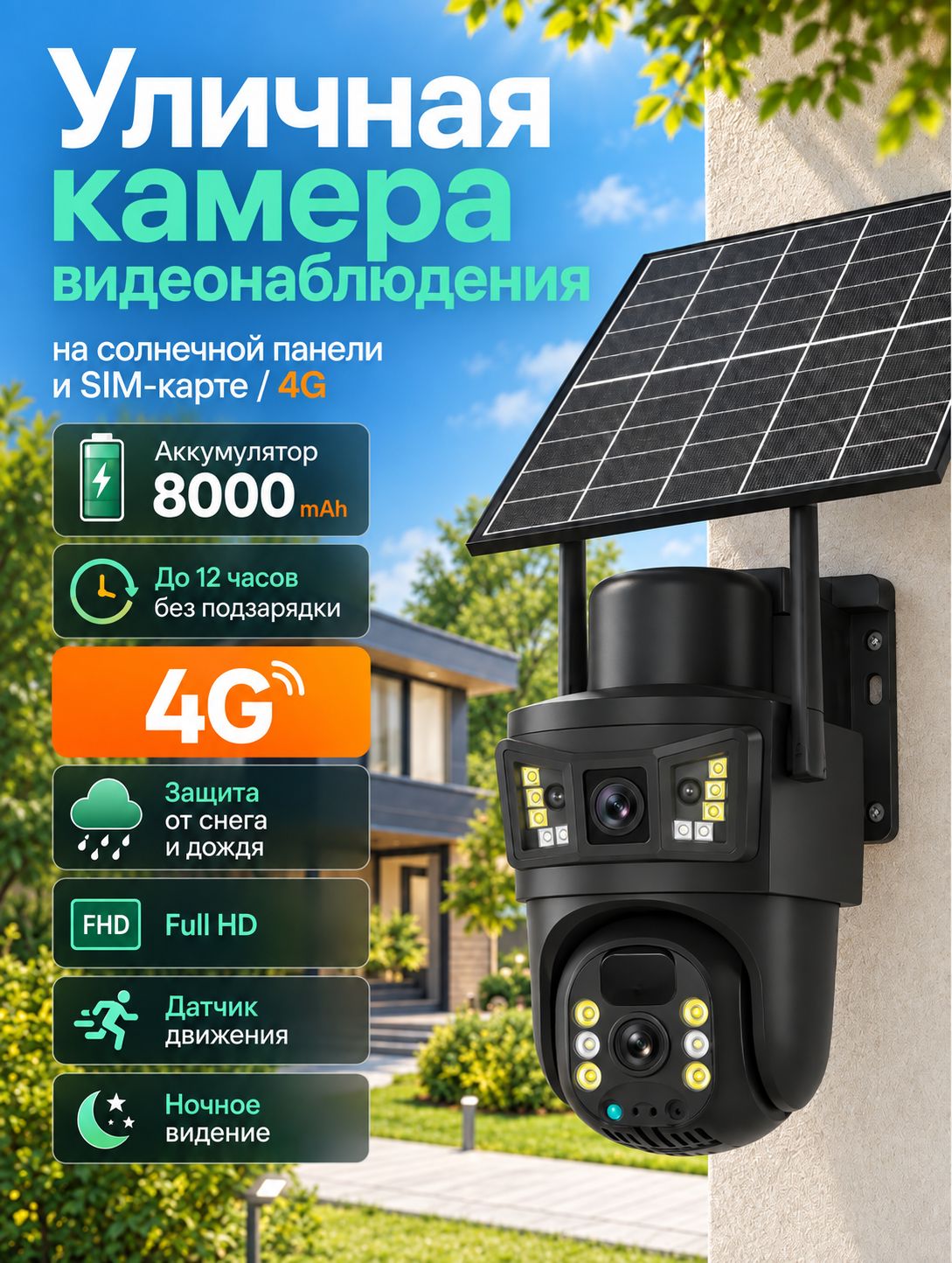 Камера видеонаблюдения уличная на солнечной батарее с поддержкой 4G сим-картой, 6 МП, видеокамера беспроводная, с датчиком движения