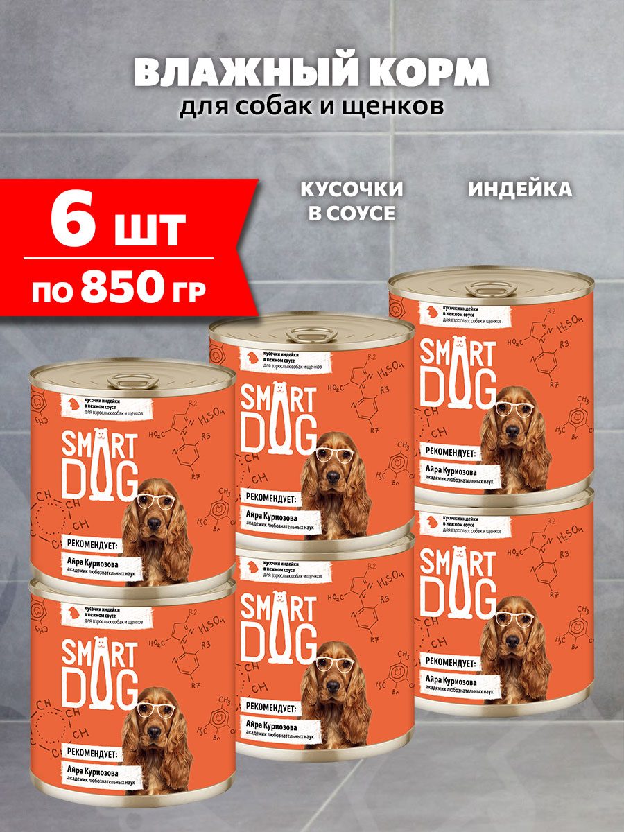 Корм влажный Smart Dog для собак и щенков, кусочки, индейка в соусе, 850 г 6 шт