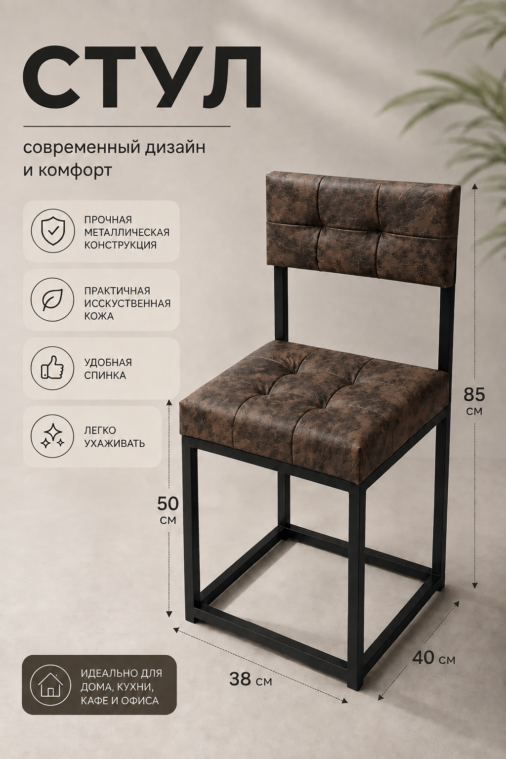 Стул лофт Драголит, металлический каркас, сиденье 38х38см, высота 50 см обивка искусственная кожа