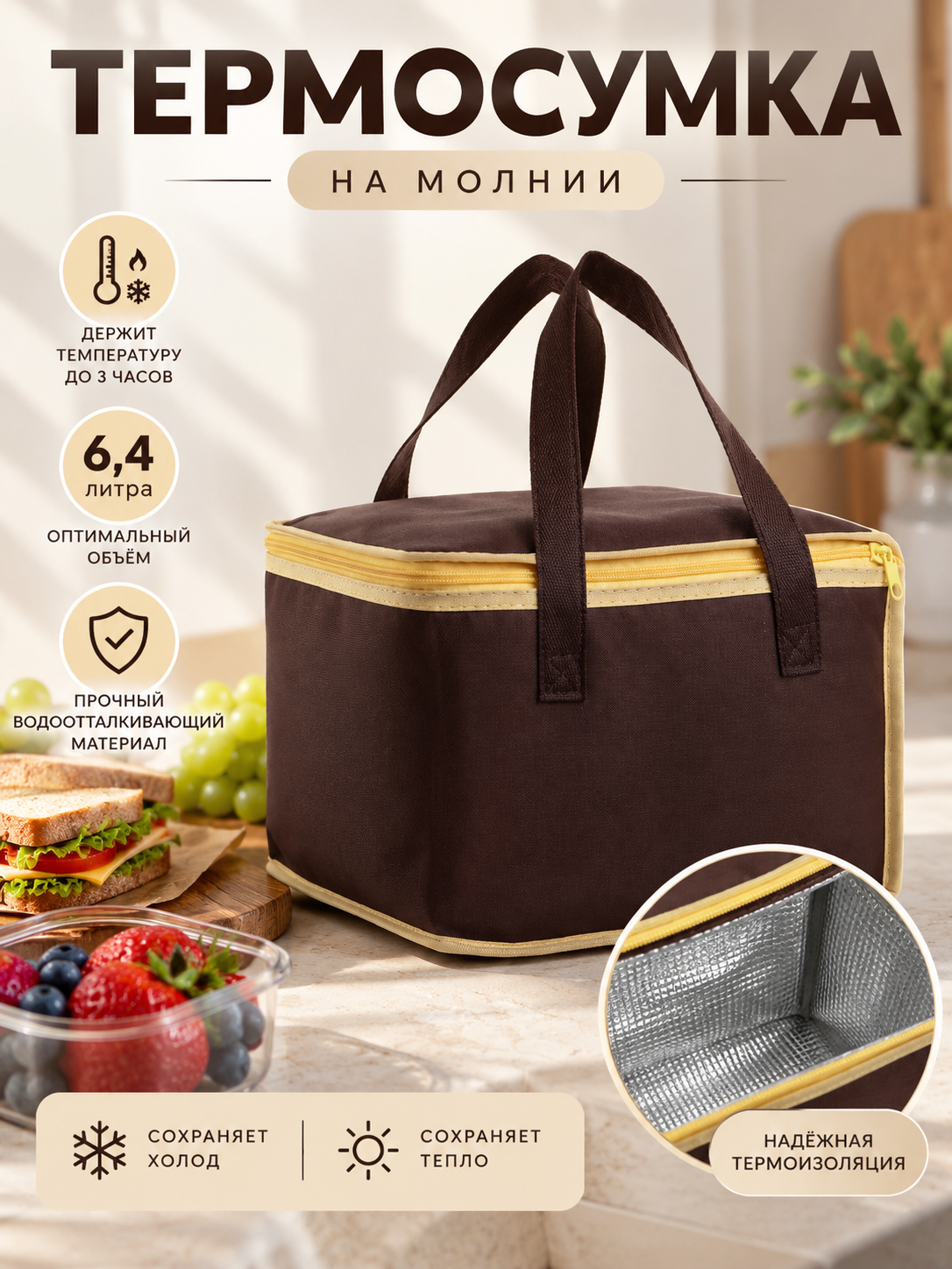 Термосумка на молнии, объём 6,4 л, сохраняет температуру до 3 часов, цвет коричневый