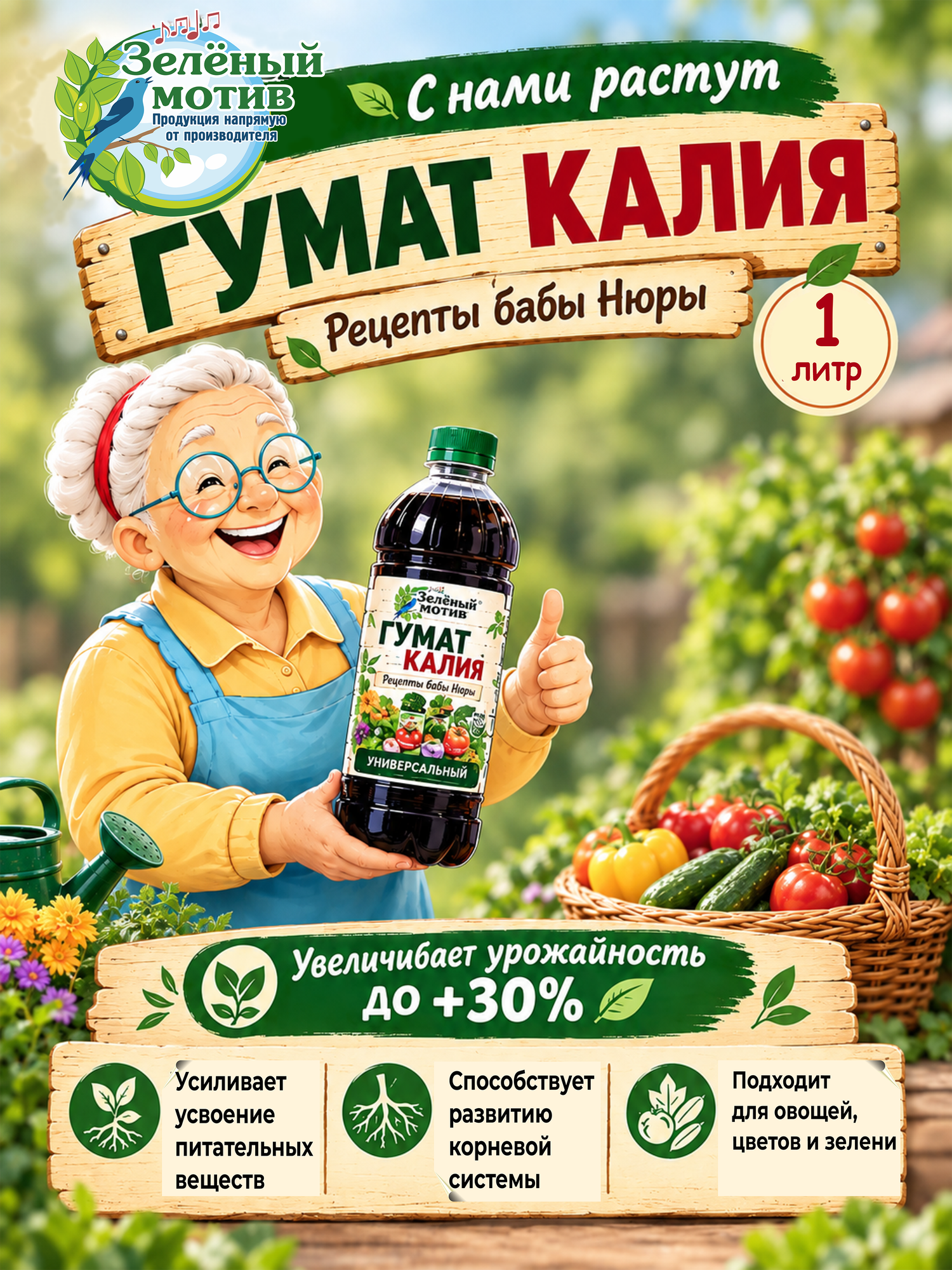 Гумат калия жидкий, натуральное органическое удобрение, Зеленый мотив, 1 л