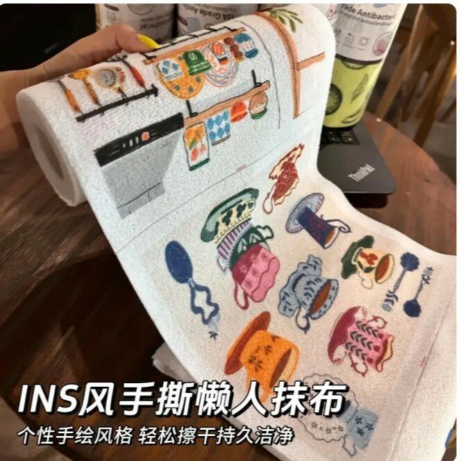 Разрываемая кухонная салфетка с мультяшным рисунком в стиле INS, недельная, для мытья посуды, впитывающая, утолщенная, для протирки кухни.