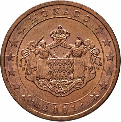 Монако 2 цента cents 2001, Латунь, в сохранности UNC