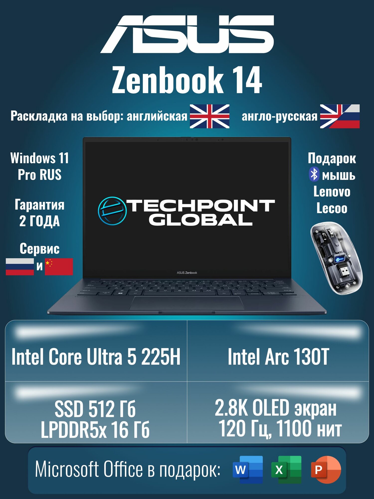 Ноутбук ASUS Zenbook 14, Intel Core Ultra 5 225H, Intel Arc Graphics 130T, 16 GB, 512 GB, синий, + подарок мышь
