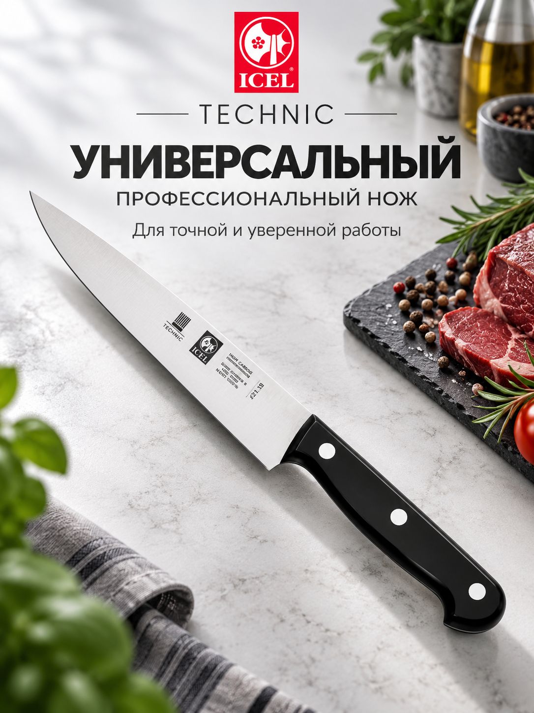 TECHNIC Нож кухонный 190/320 мм, ICEL, черный, нержавеющая сталь.