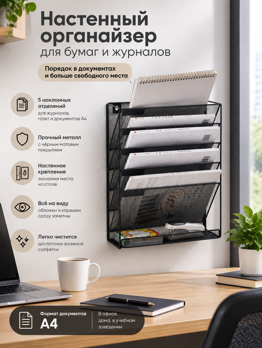 Органайзер настенный для бумаг и журналов А4, 5 секций под наклоном, металлическая сетка, черный