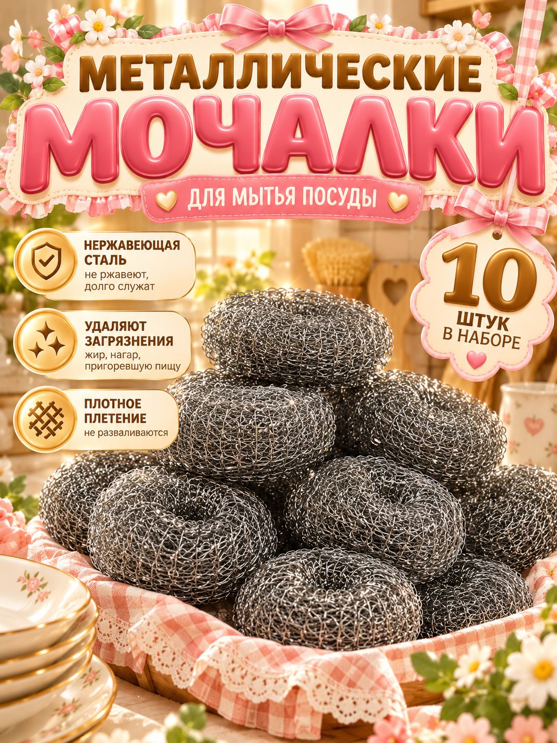 Мочалки для посуды металлические, губки из нержавеющей стали, 10 шт