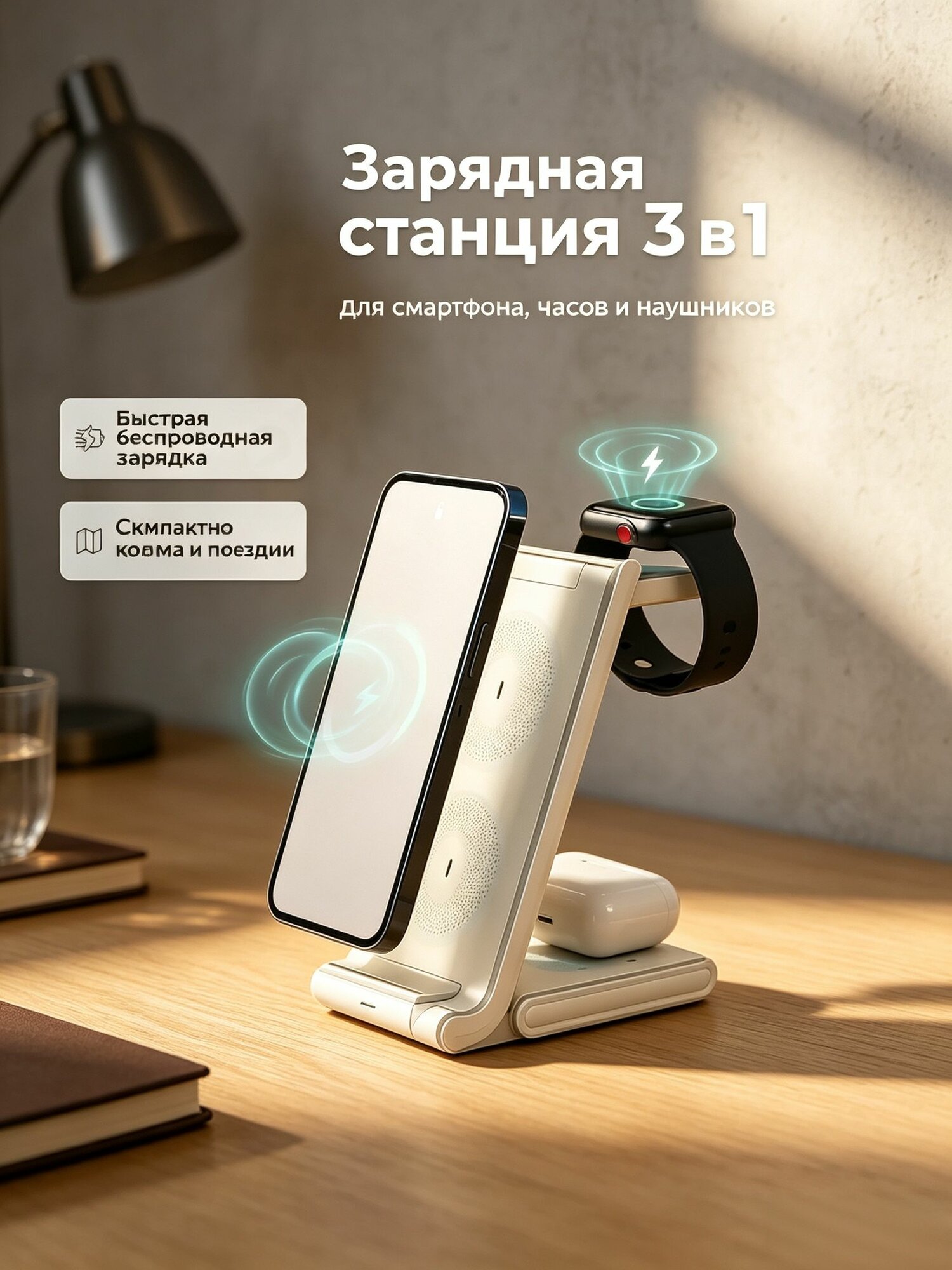 Беспроводная зарядка 3 в 1 складная, универсальная станция для телефона, умных часов и беспроводных наушников, быстрая зарядка для дома и офиса