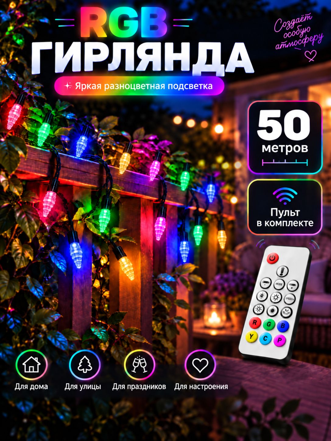 Электрогирлянда нить RGB 50 м DH500-4 с пультом для улицы и дома / Гирлянда светодиодная 25 режимов, питание от сети 220В, разноцветный