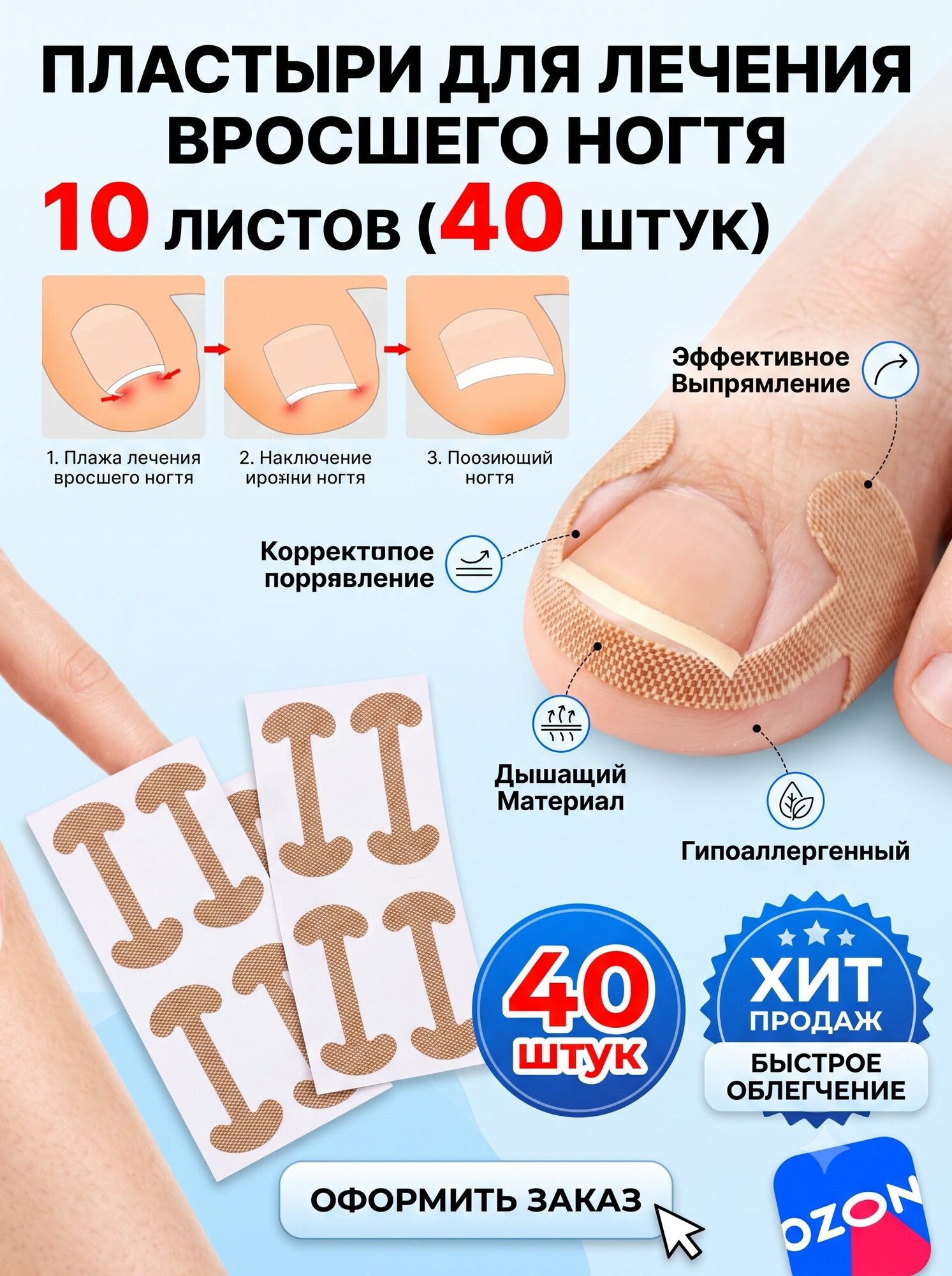 Патчи-пластыри от вросшего ногтя, корректор для ногтевой пластины, 10 листов (40 наклеек)