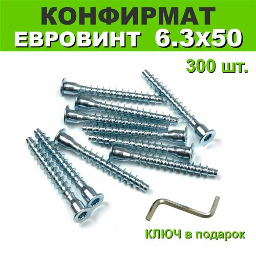 Конфирмат (евровинт) мебельный 6.3х50 мм, 300 штук + шестигранник. Цинк, потайная головка. Для мебели