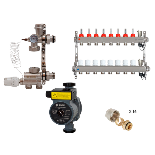 Коллекторная группа для теплого пола TAEN (нерж) 1x3/4x8 вых (а/в), насосно-смесительный узел, насос TAEN 25/6, евроконус, UCM+UC-8A+UC1634