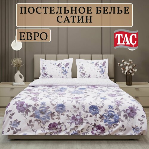 Постельное белье Евро 2 спальный Сатин Люкс, Наволочки 50х70, TAC, Турция VIP, Хлопок, Простыня 230х260, Пододеяльник 200х220 белый, размер евростандарт