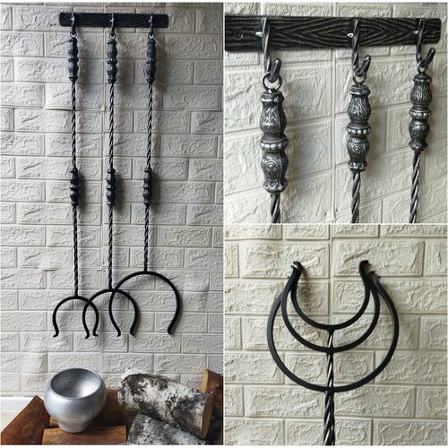 Набор длинных, кованых ухватов для печи - 3 штуки, античное серебро