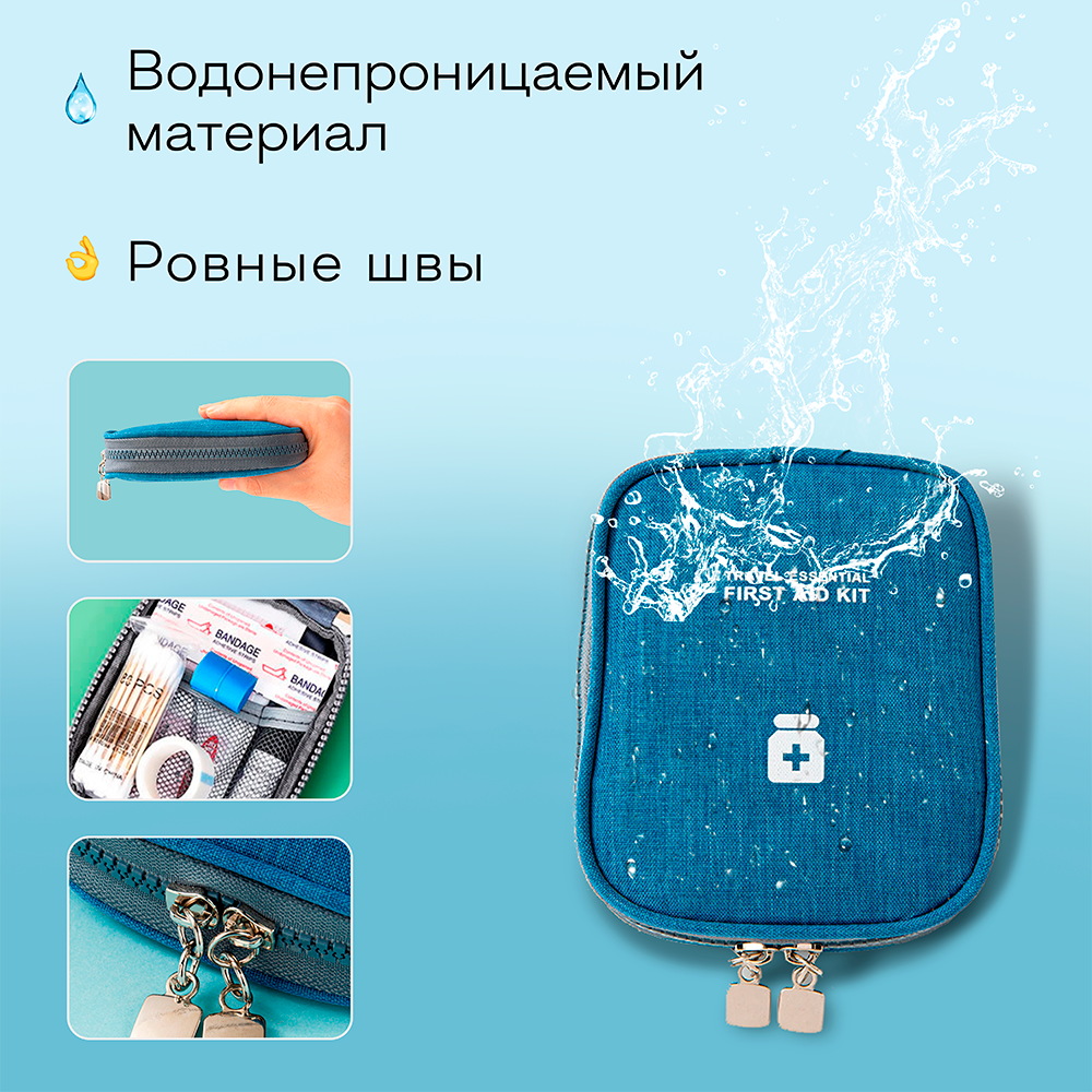 Мини аптечка дорожная / В сумку / Органайзер для лекарств, 14*11*2 см, непромокаемая, голубая — фото 1
