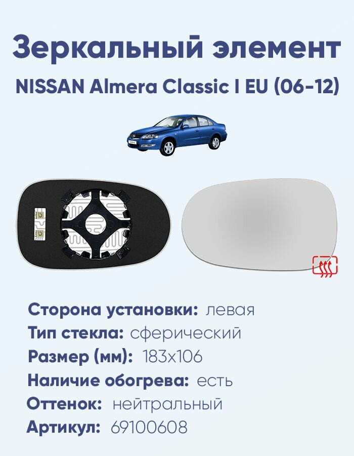 Зеркальный элемент левый NISSAN Almera Classic I EU (06-12) сфера нейтральный с обогревом