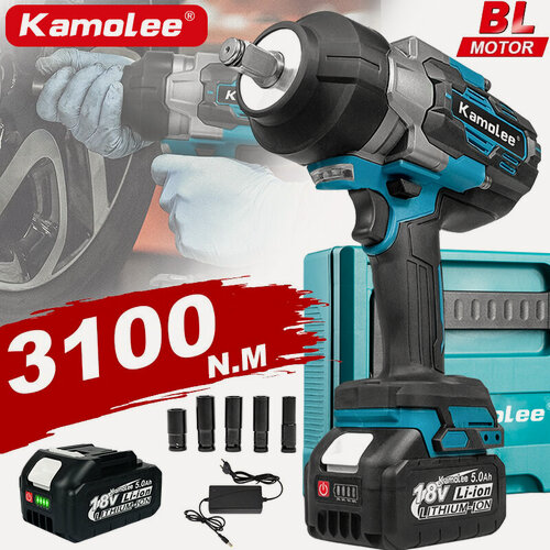 Изображение товара Kamolee "1 / 2" дюймовый бесщеточный портативный электрический гаечный ключ, 3100N. М крутящий момент, 15000 RPM, содержит пять ударных головок (батарея 5.0Ah * 1 + зарядное устройство)
