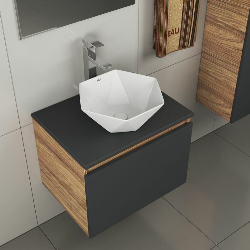 Комплект для ванной, 4 предмета (тумба Bau 60, графит + раковина на столешницу BAU Crystal 40х40 + смеситель Hotel Still, выпуск клик-клак, белый)