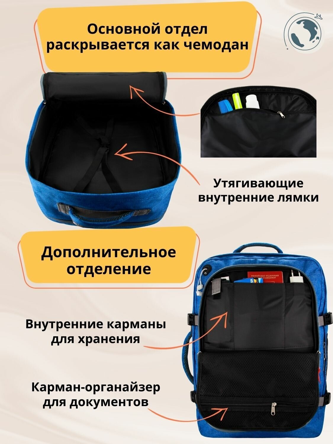 Рюкзак сумка чемодан ручная кладь S в самолет дорожная 44 л, голубой - фотография № 2