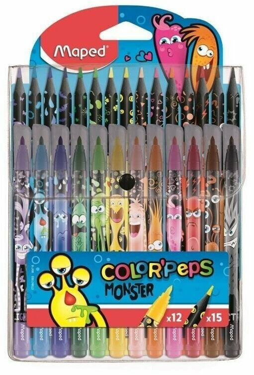 Набор для рисования 27 предметов (12фломастеров +15цветных пластиковых карандашей ) Monster (п/упаковка с европодвесом) (39296)