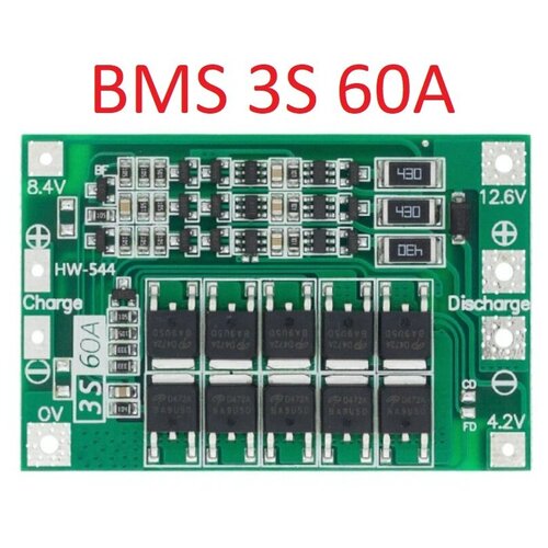 BMS-контроллер 3S/60A для Li-Ion ячеек 3.7V 18650, 26650. 3s 12 6v 60a 18650 li ion lithium battery bms protection board with balance for drill motor