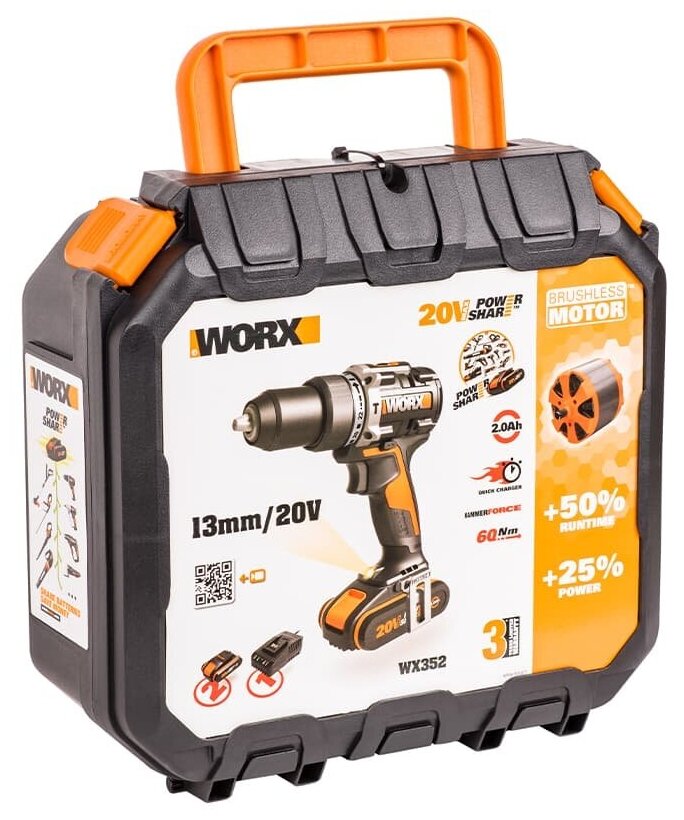 Дрель-шуруповерт ударная аккумуляторная WORX WX352.9, 60 Нм, 20В, бесщеточная, без АКБ и ЗУ - фотография № 4