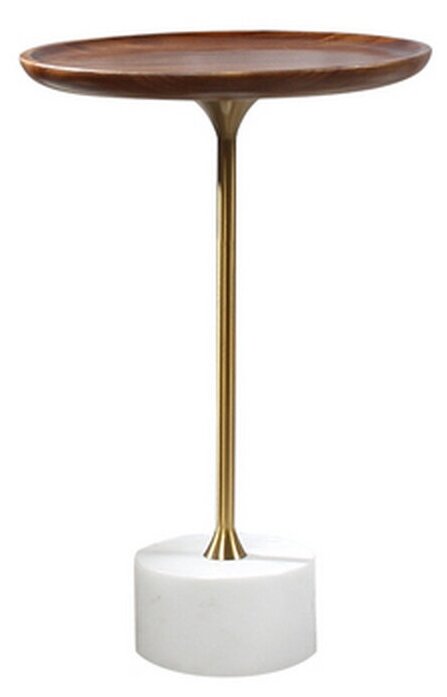Стильный кофейный столик с деревянным блюдом на металлической ножке Белый мрамор (Квадратный 30*30*60 см)