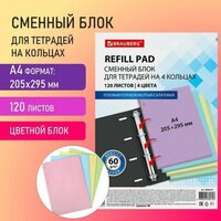 Сменный блок к тетради на кольцах большой формат А4, 120 л, BRAUBERG, (4 цвета по 30 листов), 404519