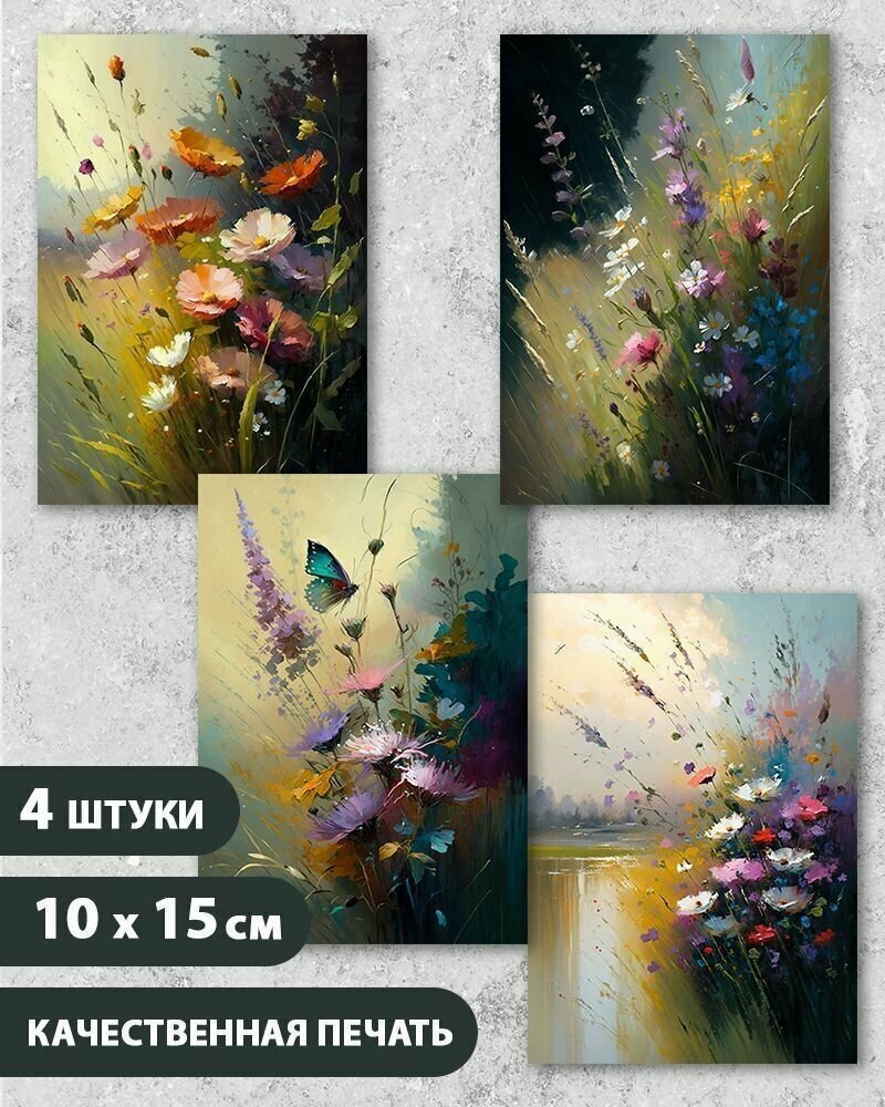 Набор открыток "Полевые цветы 4", 10.5 см х 15 см, 4 шт, на подарок и в коллекцию