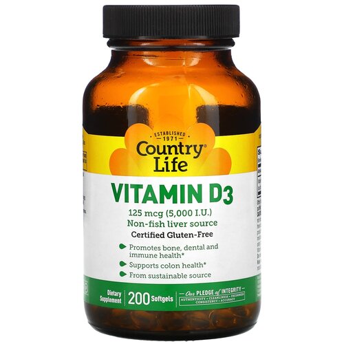 Капсулы Country Life Vitamin D3, 200 г, 5000 МЕ, 200 шт.