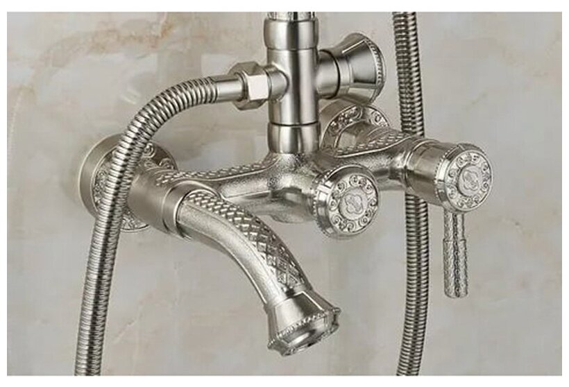 Душевая стойка Zorg Antic A 201DS-SL, латунь серебро, с орнаментом, с изливом, с тропическим душем - фотография № 2