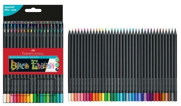 Карандаши цветные Faber-Castell Black Edition 36 цветов, cверхмягкий грифель, трехгранные, чёрное дерево, в картонной коробке, 116436