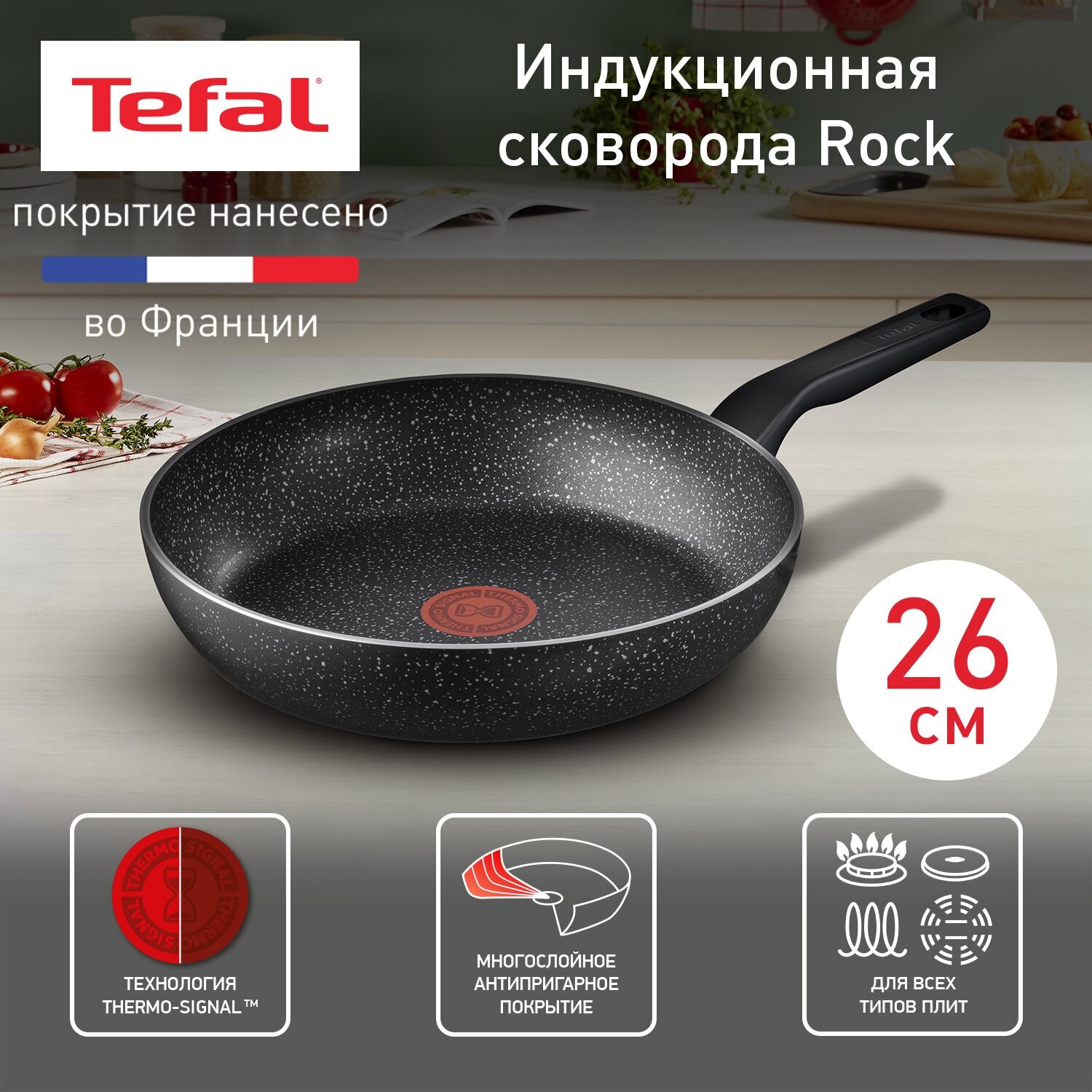 Сковорода Tefal 04225126 Rock диаметр 26 см, с индикатором температуры, с антипригарным покрытием, для газовых, электрических и индукционных плит