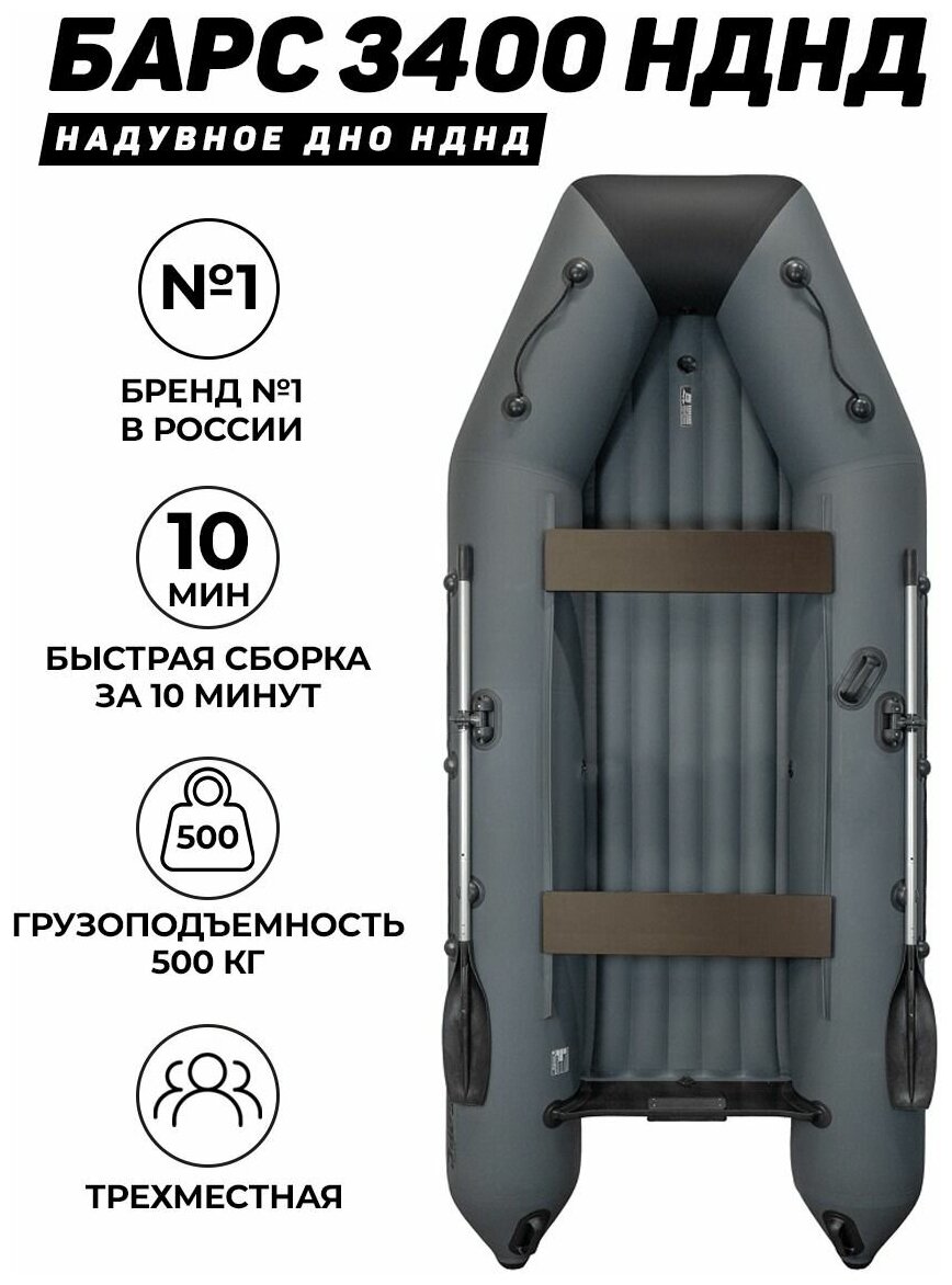 Надувная лодка ПВХ под мотор Барс 3400 НДНД графит/черный