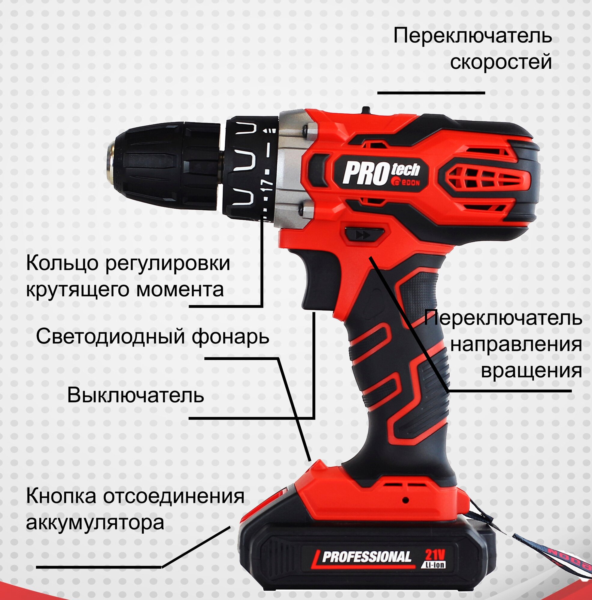 Дрель шуруповерт аккумуляторный Edon PROtech PRO-21L1 - фотография № 8