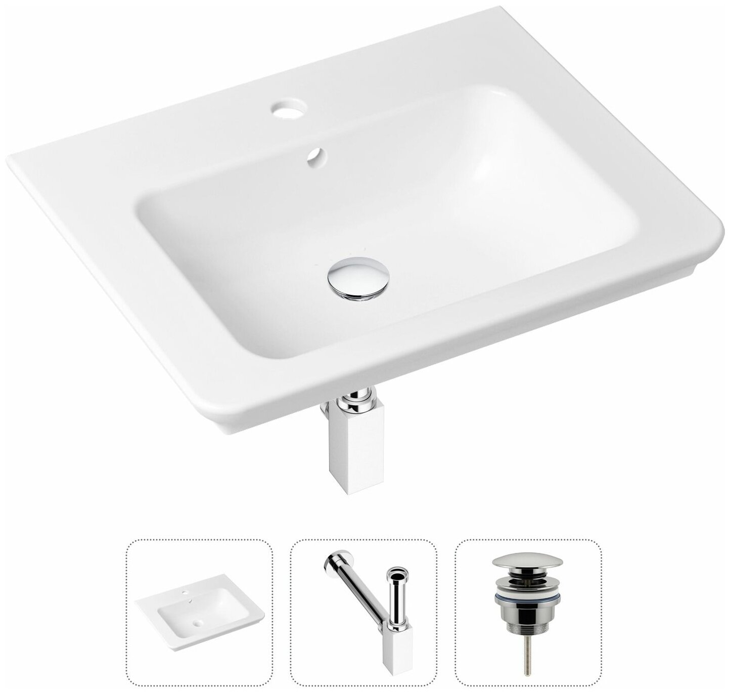 Комплект 3 в 1 Lavinia Boho Bathroom Sink 21520394: врезная фарфоровая раковина 60 см, металлический сифон, донный клапан