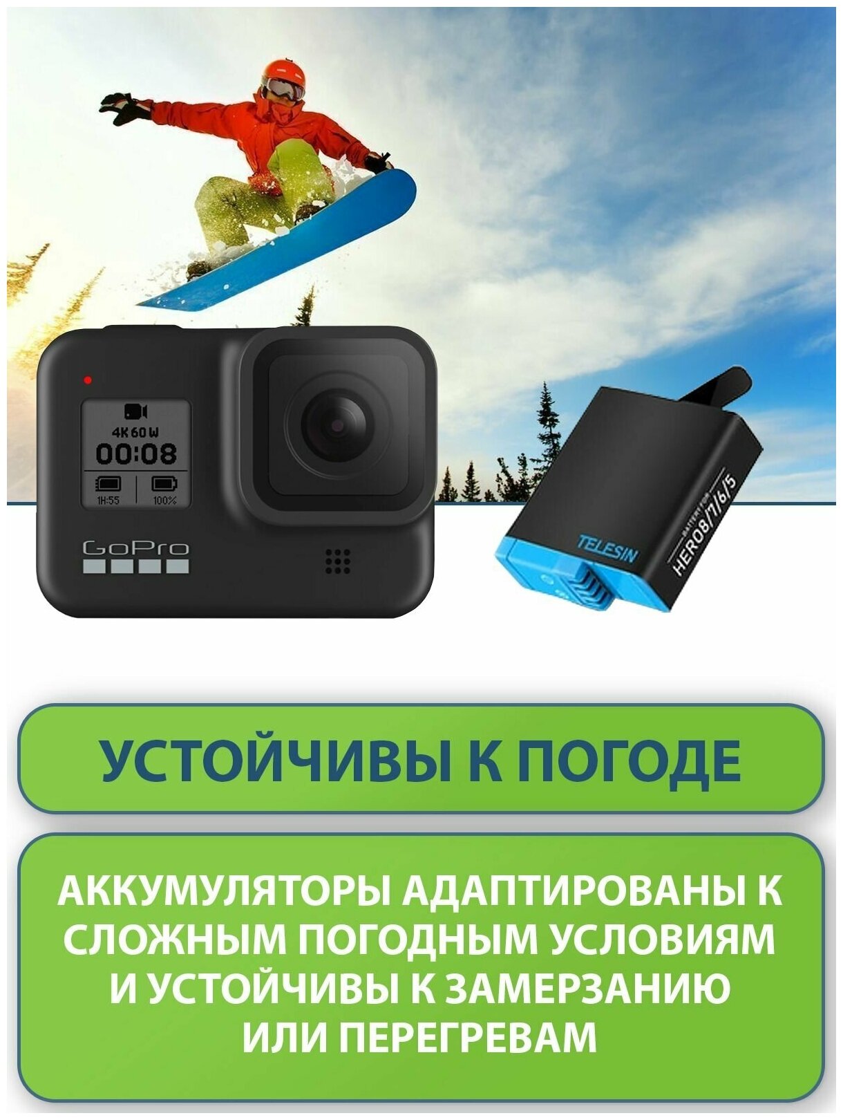 Аккумулятор для GoPro Hero 5 6 7 8 Black TELESIN