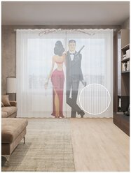 Тюль вуаль на шторной ленте с принтом "Мой любимый шпион" для гостиной, зала, кухни, спальни, детской, 310х265 см; Белый, черный, красный