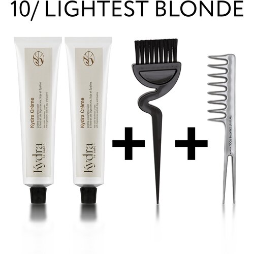 Kydra набор: Стойкая крем-краска Kydracreme 10 LIGHTEST BLONDE - Ультрасветлый блонд 60 мл 2шт + Расческа + Кисточка для окрашивания