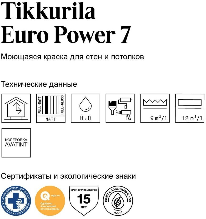  моющаяся для стен и потолков Euro Power-7 (Евро-7) TIKKURILA 9л .