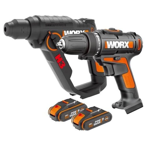 Аккумуляторный набор WORX WX927: дрель-шуруповерт WORX WX101 20V 30Нм и перфоратор WORX WX390 H3 20V 1,2Дж в кейсе с оснасткой