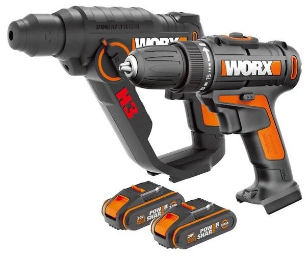 Аккумуляторный набор WORX WX927: дрель-шуруповерт WORX WX101 20V 30Нм и перфоратор WORX WX390 H3 20V 1,2Дж в кейсе с оснасткой