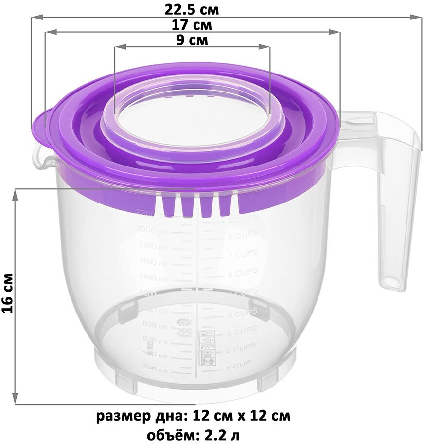 Обзор: Ёмкость для миксера (блендера) 2,2 л 22,5х17х16 см с крышкой, прозрачно-фиолетовая Elab Gallery